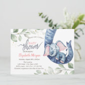 Baby Girl Elephant Leaves Baby shower Invitation Kaart (Staand voorkant)