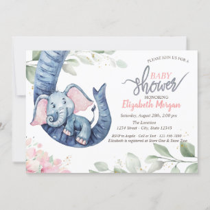 Baby Girl Elephant Leaves Floral Baby shower Kaart