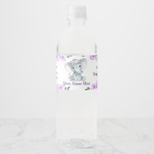 Baby Girl Elephant Paars Water Label Floral Waterfles Etiket