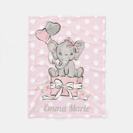 Baby Girl Elephant Pink Silver Glitter Balloons Fleece Deken (Voorkant)