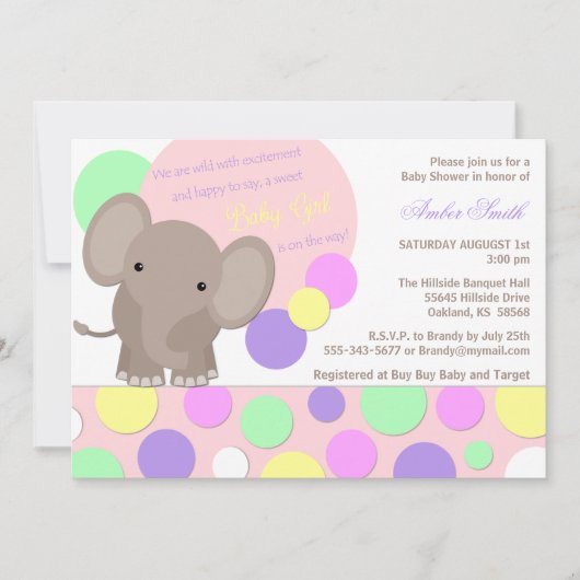 Baby Girl Elephant Shower Invitation Kaart (Voorkant)