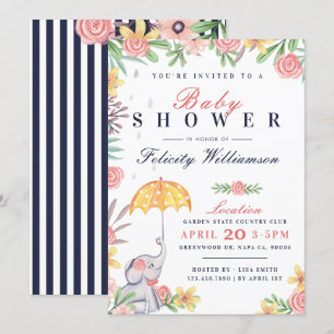 Baby Girl Elephant Umbrella Baby shower Invitation Kaart