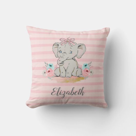Baby Girl Elephant Waterverf Nursery Kussen (Voorkant)