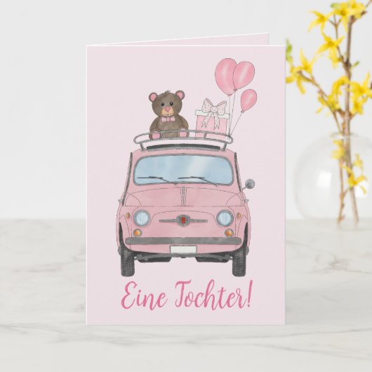 Baby Girl Fiat 500 Duitse felicitaties Kaart (Gele Bloem)