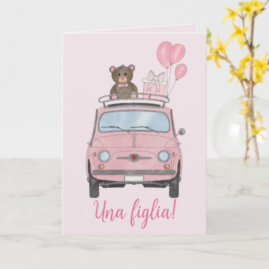 Baby Girl Fiat 500 Italiaanse felicitaties Kaart (Gele Bloem)
