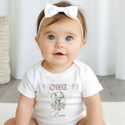 Baby Girl First Birthday Name Elephant Cute One Romper