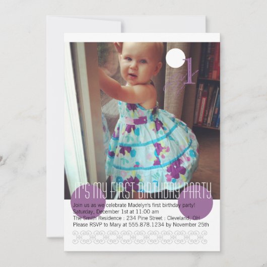 Baby Girl First Birthday Party Invitation Kaart (Voorkant)