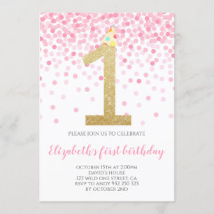 Baby Girl First Birthday Pink Confetti Girl Party Kaart