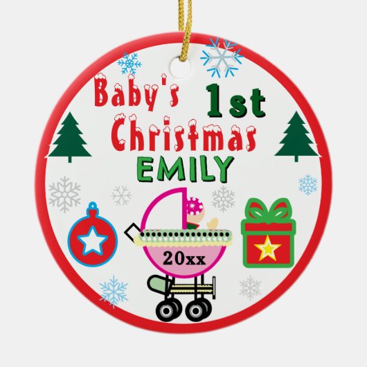 Baby Girl First Christmas Green NAME Keramisch Ornament (Voorkant)
