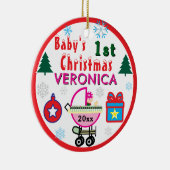 Baby Girl First Christmas Pink Hat NAME Keramisch Ornament (Rechts)