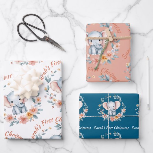Baby Girl First kerst Elephant roze naam Inpakpapier Vel (Voorkant)