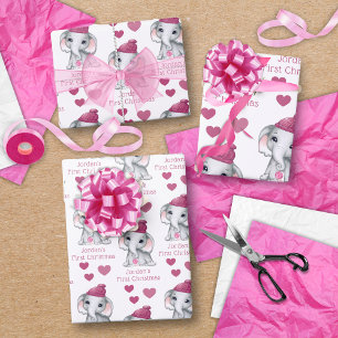 Baby Girl First kerst Elephant roze naam Inpakpapier Vel
