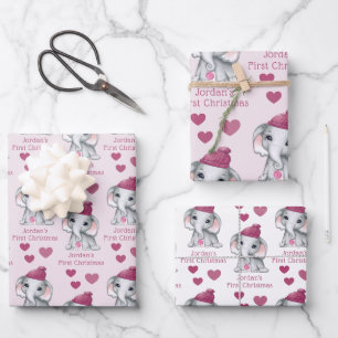 Baby Girl First kerst Elephant roze naam Inpakpapier Vel