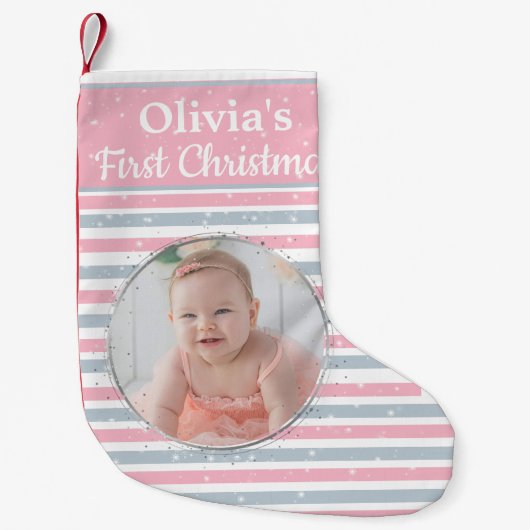 Baby Girl First Kerstfoto Stocking Kleine Kerstsok (Voorkant)