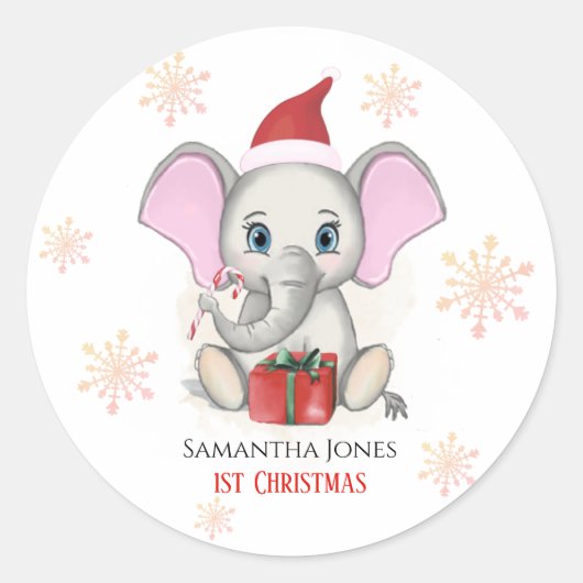 Baby Girl First Kerstmis Elephant Feestdagen Ronde Sticker (Voorkant)