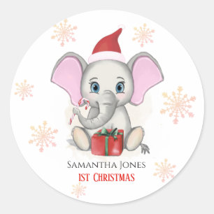 Baby Girl First Kerstmis Elephant Feestdagen Ronde Sticker
