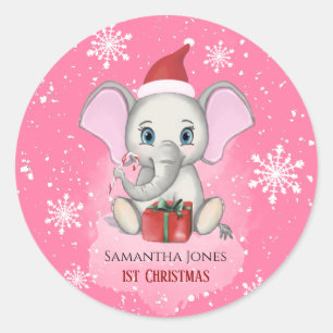 Baby Girl First Kerstmis Elephant Feestdagen Ronde Sticker