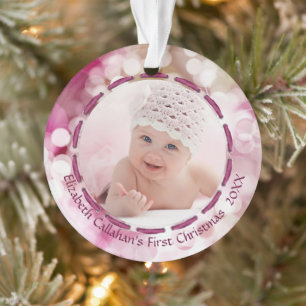 Baby Girl First Kerstroze Bokeh Twee foto's Ornament