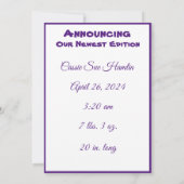 Baby Girl Flat Announcement Kaart (Achterkant)