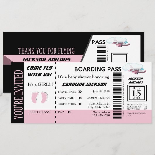 Baby Girl Flight Ticket Invitation  Kaart (Voorkant / Achterkant)