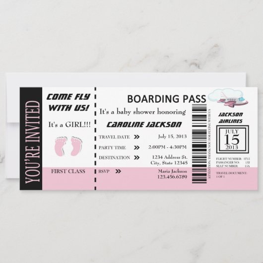 Baby Girl Flight Ticket Invitation  Kaart (Voorkant)