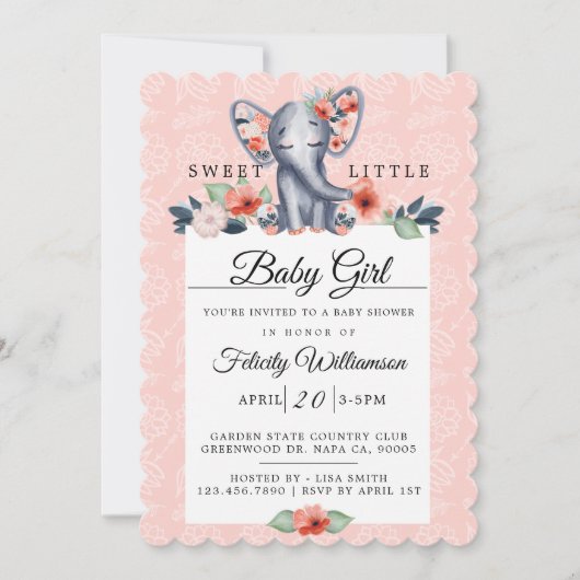 Baby Girl Floral Elephant Baby shower Invitation Kaart (Voorkant)
