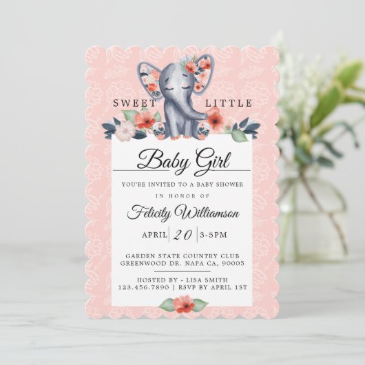 Baby Girl Floral Elephant Baby shower Invitation Kaart (Staand voorkant)