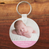Baby Girl Foto Elegant Pink Birth Announding Sleutelhanger (Voorkant)