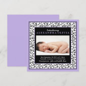 Baby Girl Foto Paars Damask Birth Announding Aankondiging (Voorkant / Achterkant)