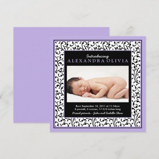 Baby Girl Foto Paars Damask Birth Announding Aankondiging (Voorkant / Achterkant)
