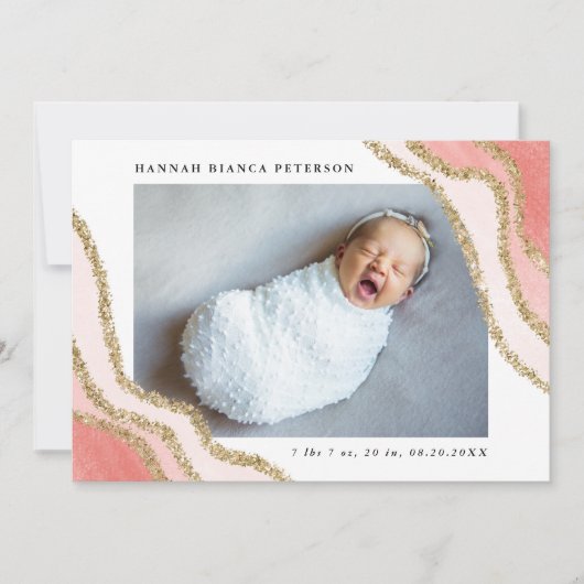 Baby Girl Foto roze Gold Glitter Birth Aankondiging (Voorkant)