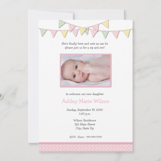 Baby Girl Foto Sip en zie Uitnodiging (Voorkant)