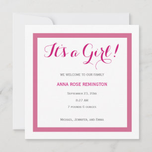Baby Girl Geboorteaankondiging Classic Style Pink  Kaart