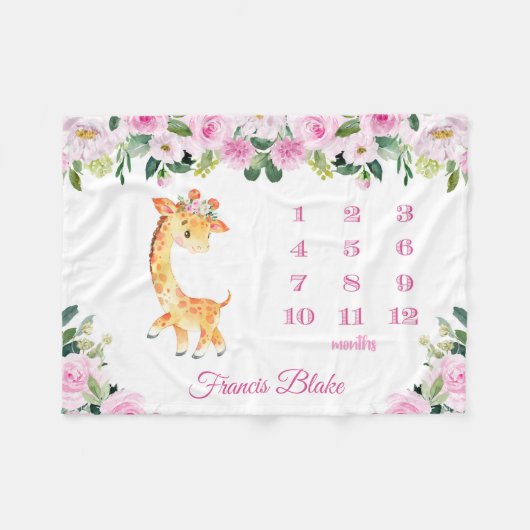 Baby Girl Giraffe Milestone Blanket met naam Fleece Deken (Voorkant (Horizontaal))
