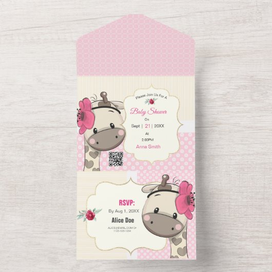 Baby Girl Giraffe Shower All in One Invitation All In One Uitnodiging (Binnen)