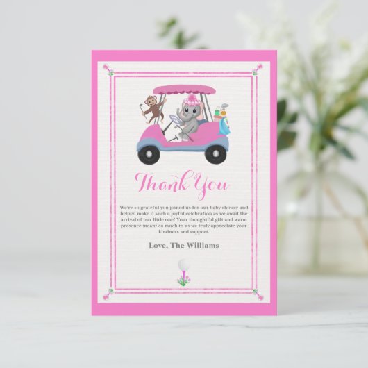 Baby Girl Golfing Elephant & Monkey Shower Bedankkaart (Staand voorkant)
