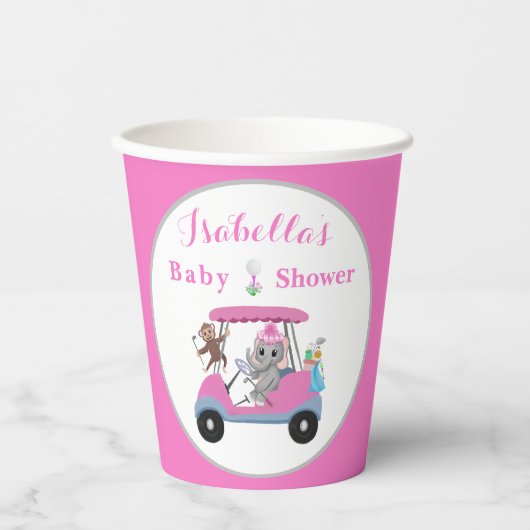 Baby Girl Golfing Elephant & Monkey Shower Papieren Bekers (Voorkant)