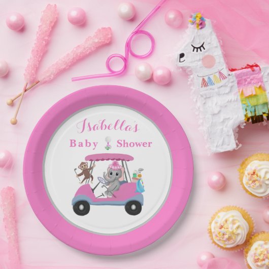 Baby Girl Golfing Elephant & Monkey Shower Papieren Bordje (Feest)