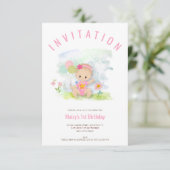Baby Girl Illustratie Roze Eerste Verjaardag Party Kaart (Staand voorkant)