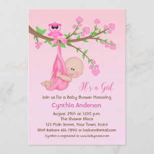 Baby Girl in Tree, Roze, Baby shower Kaart