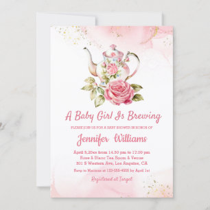 baby girl is brewing roze theepartij uitnodiging 