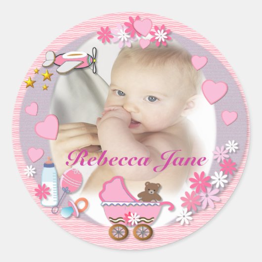 Baby Girl Jouw foto hier Ronde Sticker (Voorkant)