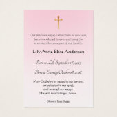 Baby Girl-katholieke begrafenis Memorial Heilige K Visitekaartje (Achterkant)