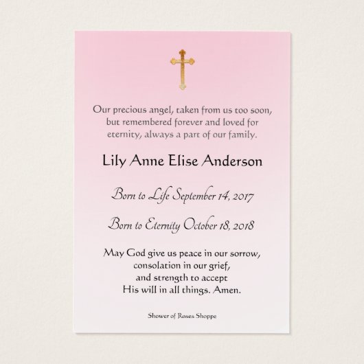 Baby Girl-katholieke begrafenis Memorial Heilige K Visitekaartje (Achterkant)