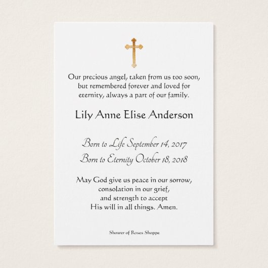 Baby Girl-katholieke begrafenis Memorial Heilige K Visitekaartje (Achterkant)