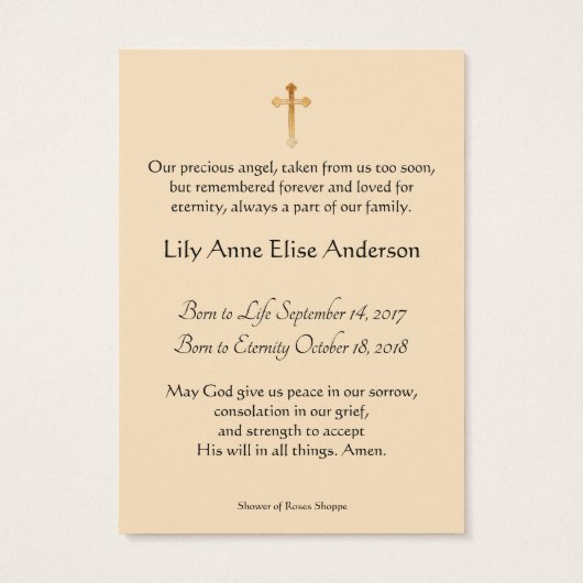 Baby Girl-katholieke begrafenis Memorial Heilige K Visitekaartje (Achterkant)