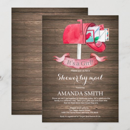 Baby Girl Lange Afstand Douche door Mail Uitnodigi Kaart (Voorkant / Achterkant)