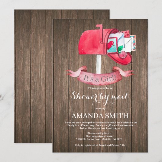 Baby Girl Lange Afstand Douche door Mail Uitnodigi Kaart (Voorkant / Achterkant)