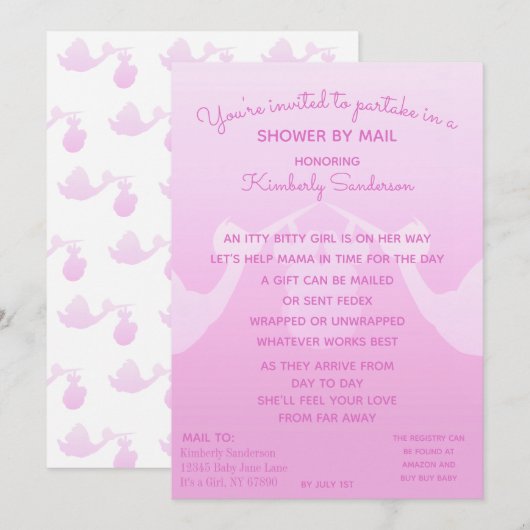 Baby Girl Lange Afstand Douche door Mail Uitnodigi Kaart (Voorkant / Achterkant)