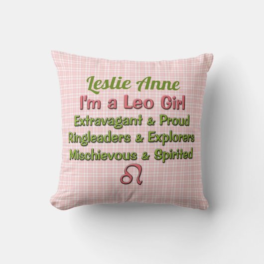 Baby Girl Leo Zodiac Pink Check met groene naam Kussen (Voorkant)